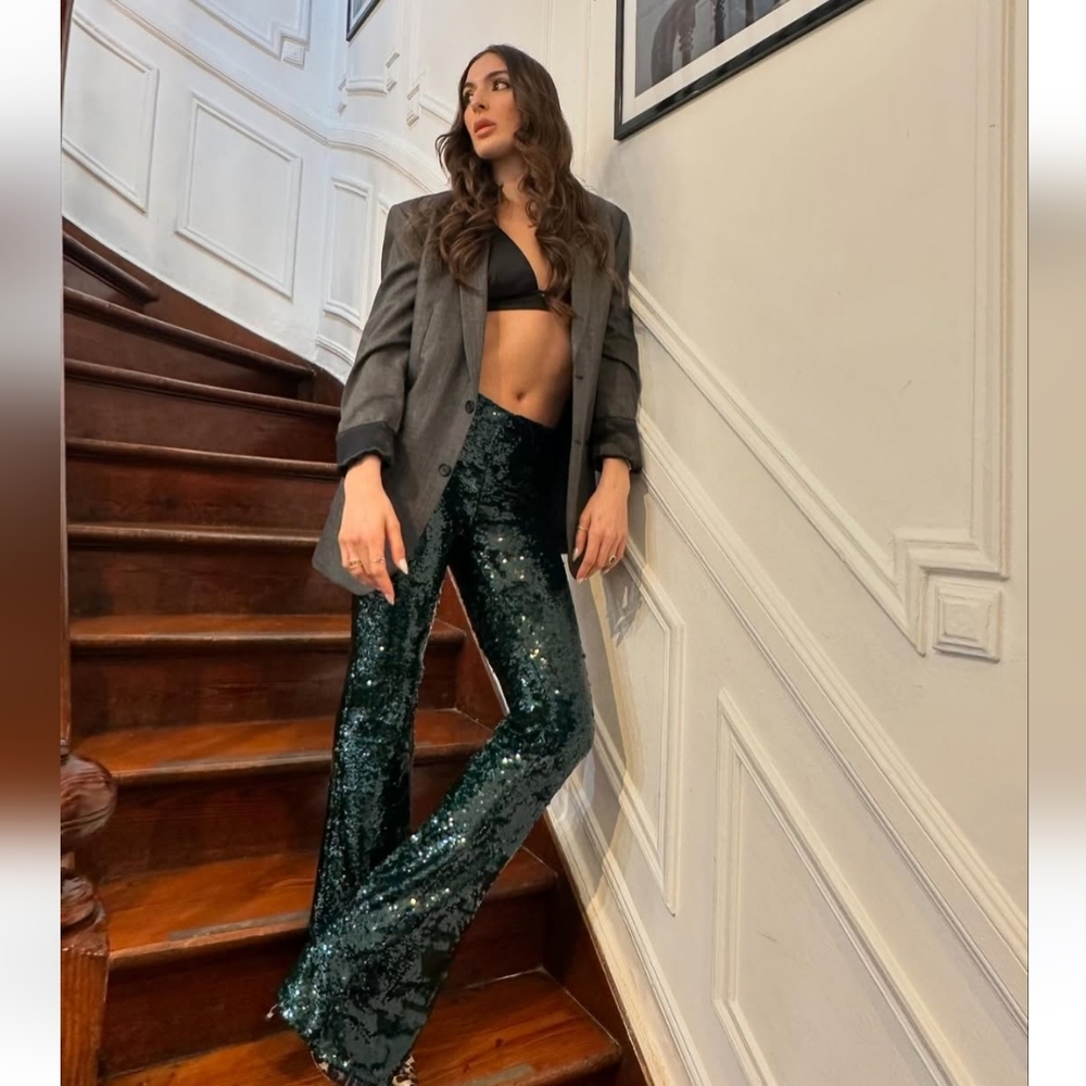 ZARA FLARED HIGH WAISTED GREEN SEQUIN PANTS SIZE M - Picture 7 of 16